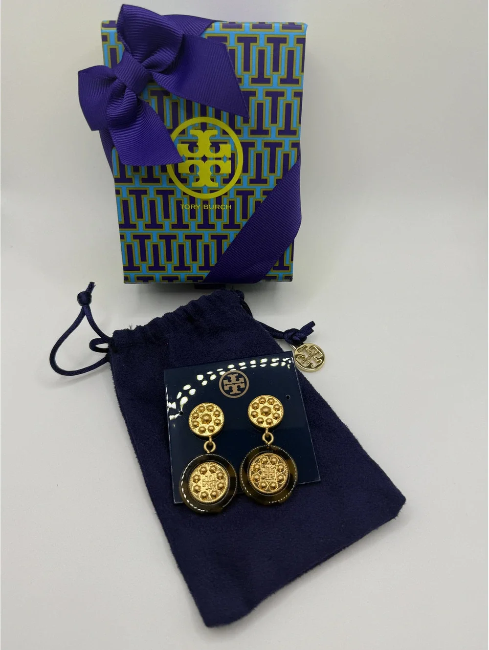 Tory Burch Shiloh Logo Drop Earrings Gold and Tortoise